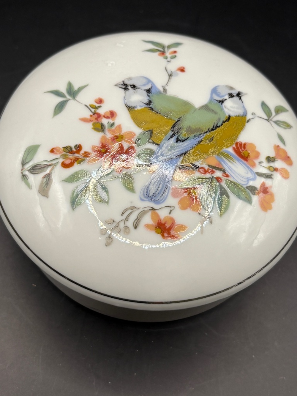 Vintage Two Birds & Flowers Ceramic Round Trinket Box